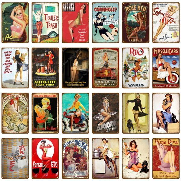 

lady pin up girl with dog motorcycle metal signs vintage tin poster art craft for pub bar club bed room home wall decor