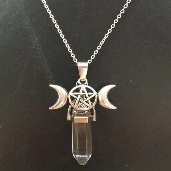 

тройной луны природный камень ожерелье готические pentacle choker колдовство сверхъестественное викка pentagram для женщин boho подарок, Silver