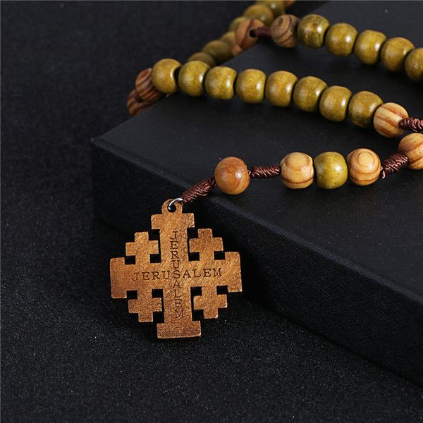 

komi vintage wood rosary beaded jesus cross wooden pendant necklace for women men fashion religious jewelry r-085, Silver