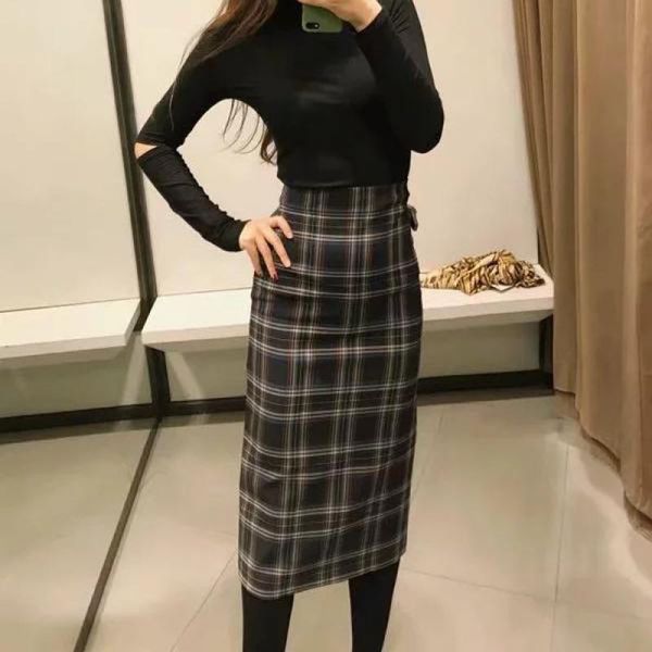 

2019 spring new arrival simple & elegant office skirts womens european & american style plaid straight skirt ing, Black