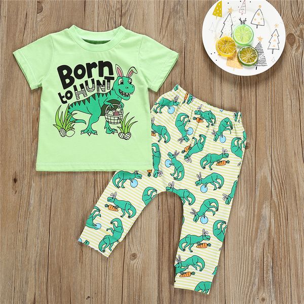 

newborn baby boy girls summer clothes round neck short sleeve pullover geometry t-shirts dinosaur print pants 2pc kids outfits, White