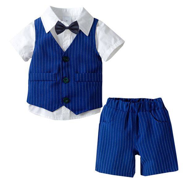 

2019 new toddler baby boy gentleman bow tie t-shirt +striped waistcoat+shorts outfits summer clothes dropping roupa menino, White