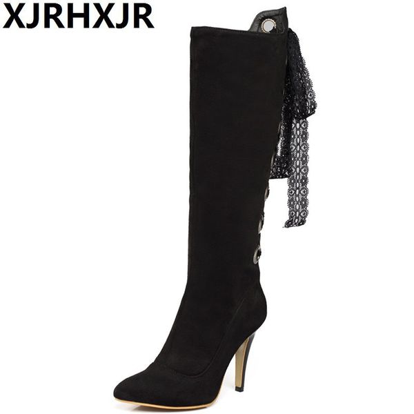

xjrhxjr 2018 thin high heels women boots pointed toe tassel footwear flock rivet over the knee boots fashion party lady shoes, Black