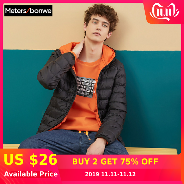 

metersbonwe 2019 brand men down jacket casual fashion winter jacket for men hooded windbreaker down coat male outwear, Black