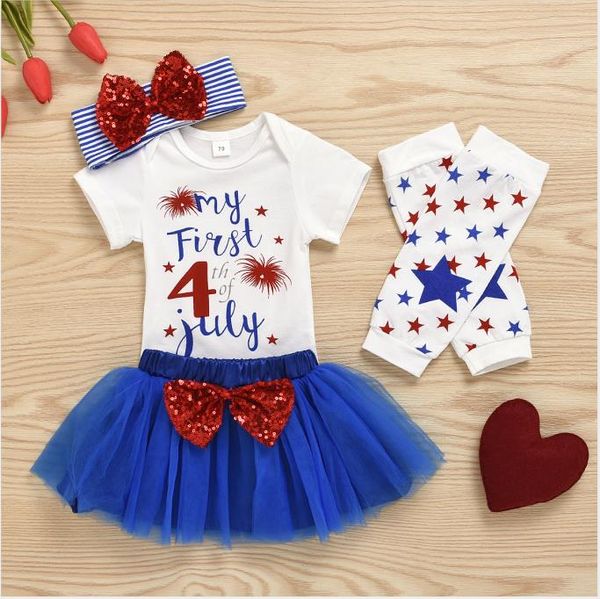 

pudcoco infant baby girls independence day clothes letter romper tutu skirt sequins headband outfits 0-12m, White
