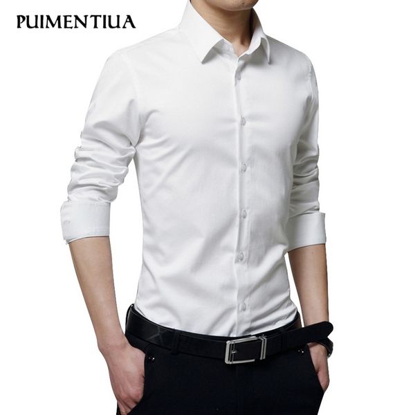 

puimentiua men's solid color long-sleeved shirt 2020 men business casual wear slim button up turn down collar shirt s-3xl, White;black