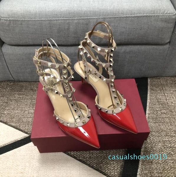 

big size 2020 designer 8cm 10cm gladiator high heels women shoes nude black spikes t-strap pump patent leather stud lady c19