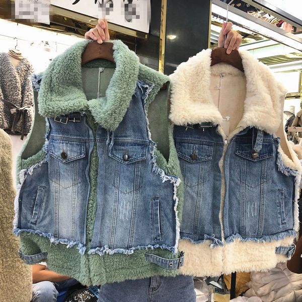 

autumn winter denim patch fur vest korean women's fur coat students jeans stitching lamb hair waistcoat sleeveless jacket, Black;white
