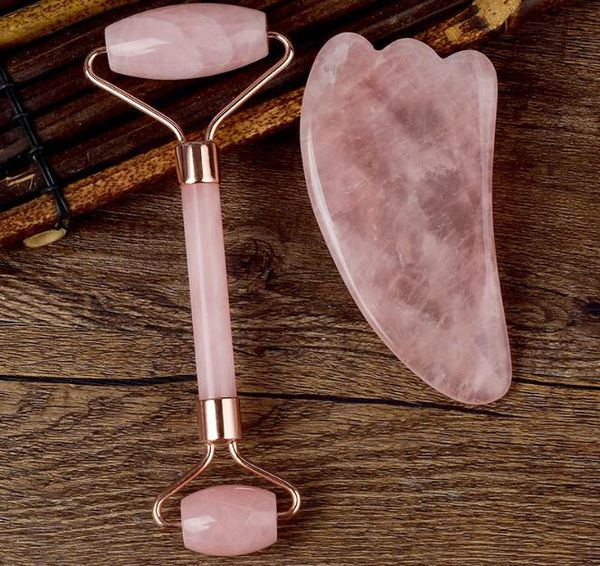 Natürlich Rosa Crystal Jade Roller Doppel-Kopf-Rosen-Quarz-Massage-Rolle Echtsteingesichtsmassage Guasha Schaben-Werkzeug-Set mit Box