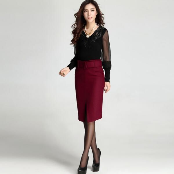 

2020 retro woolen skirt fashion warm knee-length women skirts elastic with belt dv696, Black