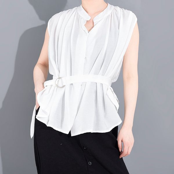 

lanmrem] 2020 new spring summer lapel long sleeve shirt women blouse fashion tide round neck sleeveless high waist belt yj08701, White