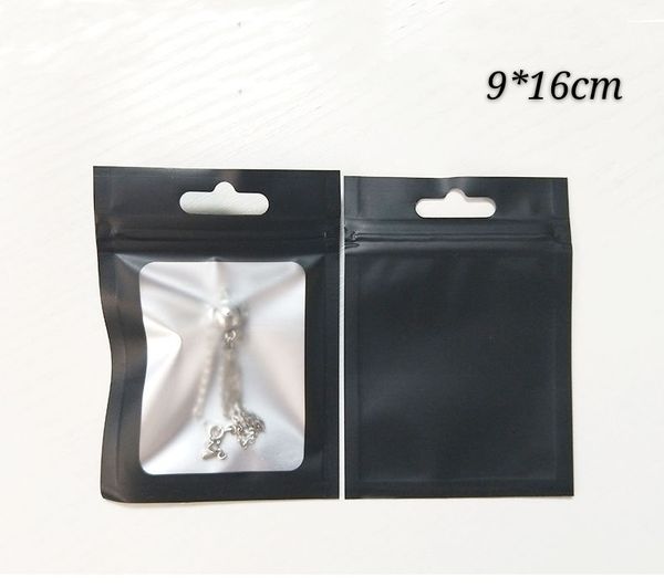 100 pcs preto acessórios de telefone fosco sacos de pacote de plástico 9 * 16 cm sacos de embalagem de doces com janela clara, embalagem de artesanato zip bloqueio bolsa de vedação