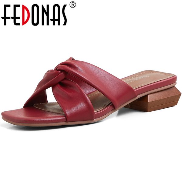 

fedonas genuine leather women's sandals for walking at home 2020 summer thick heels female slippers basic house shoes woman heel, Black
