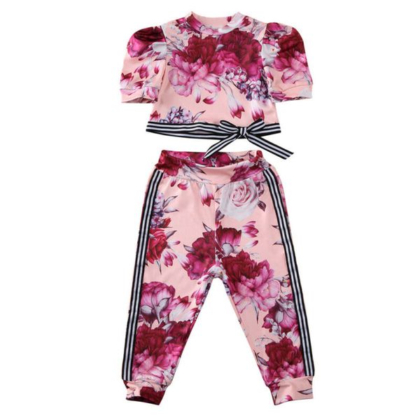 

new summer kids baby girl flower clothes short sleeve +striped pants leggings outfit set, White