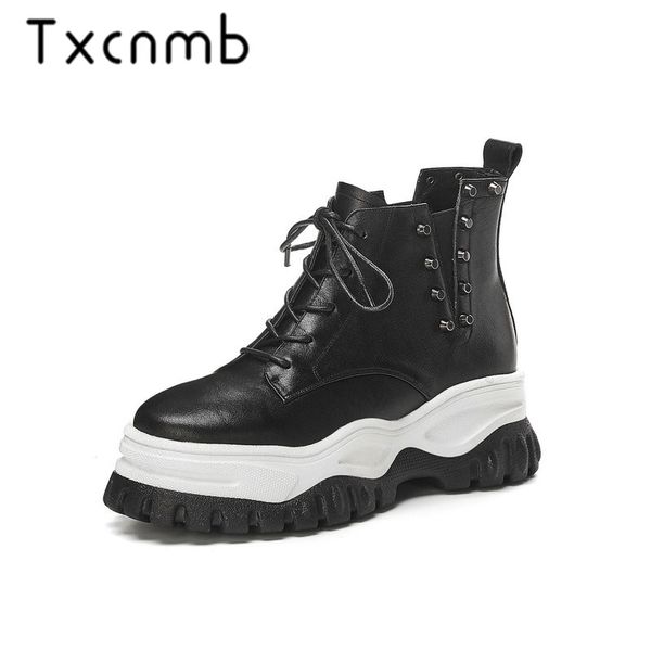 

txcnmb brand genuine leather boots women ankle boots handmade platform heels comfortable shoes women autumn winter, Black