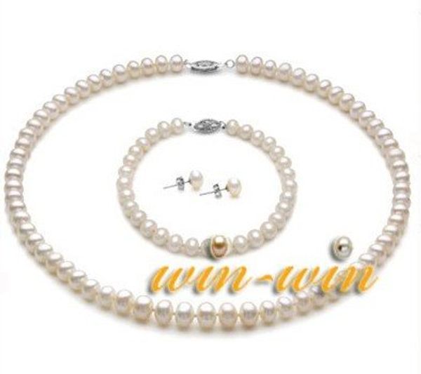 

white color natural freshwater pearl jewelry set, 7-8mm pearl necklace/bracelet/earrings set, fashion bridal jewelry set, Black
