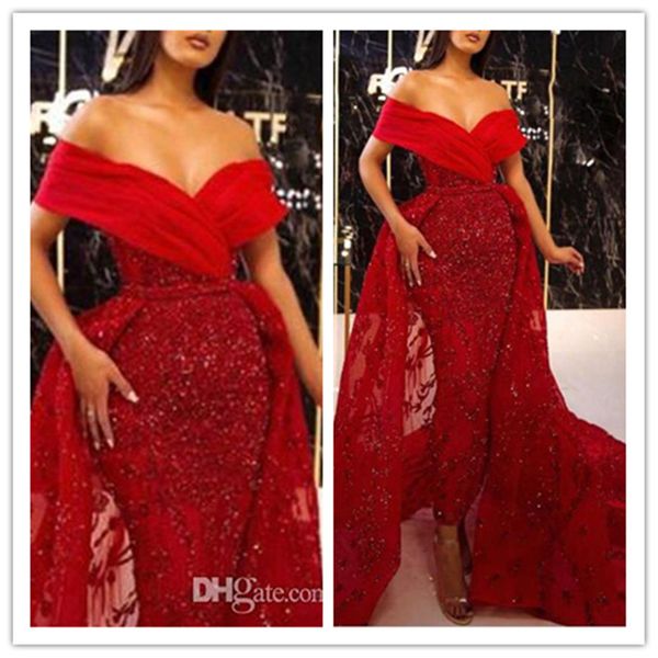 

красные с плечом mermaid вечерних платьями 2020 arabic шнурок sequined сексуальной знаменитостью пром платье со съемным поездом формальных о, Black;red
