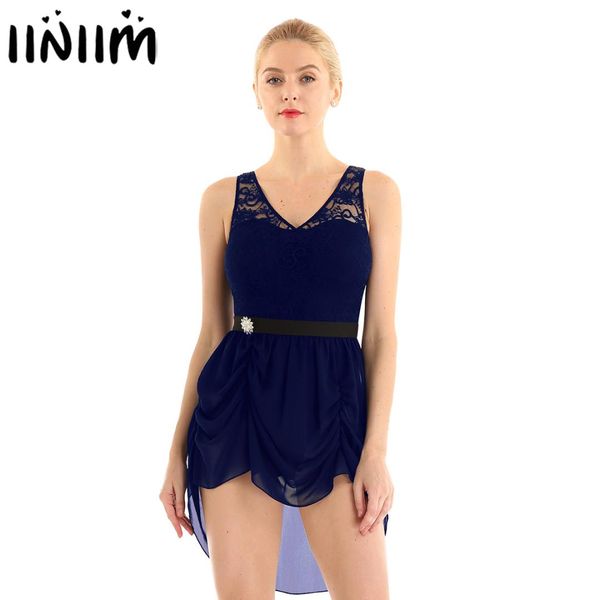 

womens asymmetric chiffon leotard ballet dress v-neck sleeveless printed floral lace bodice ruffled dress with shiny flower pin, Black;red