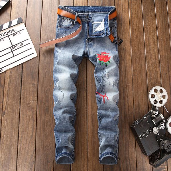 

2019 spring fashion jean mens stretchy ripped hole skinny embroidery biker jeans men frayed slim fit destroyed denim pants, Blue