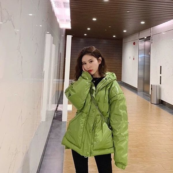 

south korea dongdaemun celebrity style bright surface patent leather waist hugging down jacket women's winter new style loose-fi, Black;white