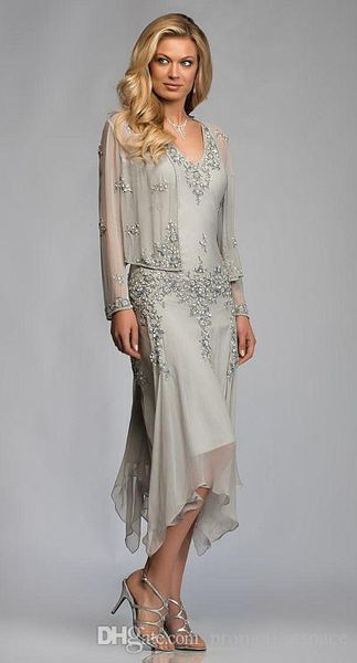 

2020 gorgeous silver grey chiffon appliques lace tea length mother of the bride dresses with jacket suits deep v-neck for weddings, Black;red