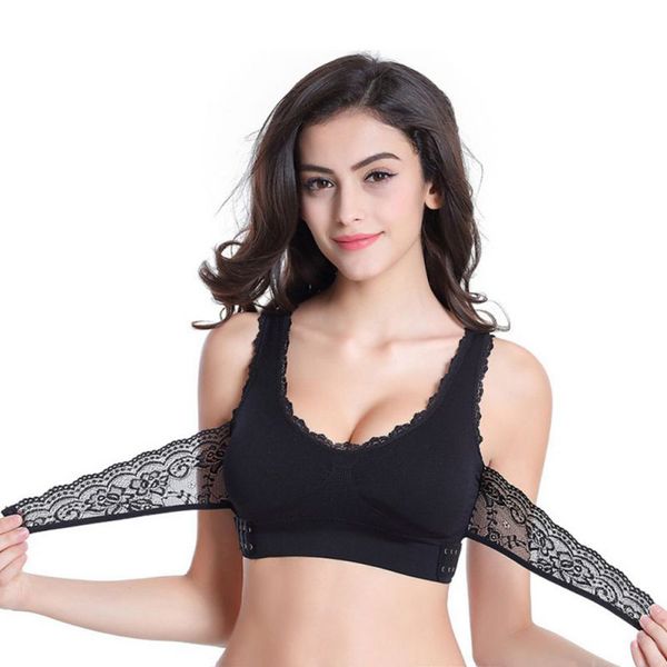 

Women Sexy Vest Front Cross Side Buckle Sports Bra Wireless Lace Breathable Bra Intimates Without Steel Ring Gathers Bra Hot