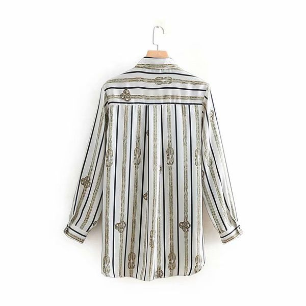 

k108-9013-europe and america women's dress 2019 spring new style fold-down collar stripes chain printed long-sleeved shirt, White