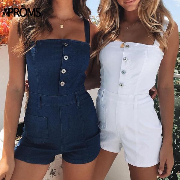 

women's jumpsuits & rompers aproms elegant blue denim bodycon women jumpsuit 2021 summer straight neck pockets slim fit playsuit jeans, Black;white