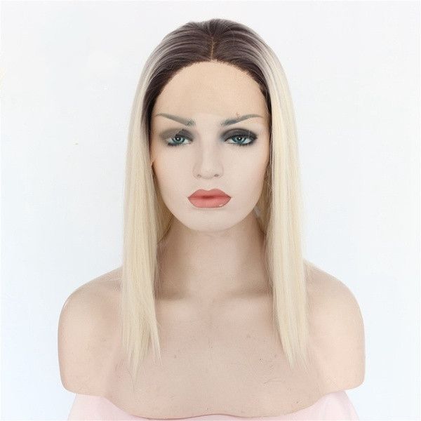 Middle Part 2 Tones Dark Roots Ombre Light Blond Short Bob Style