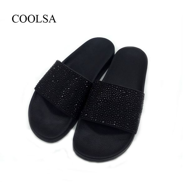 

coolsa 2019 new girl's crystal bling slippers rhinestone shiny slippers women's vacation beach flip flops home bedroom slides, Black
