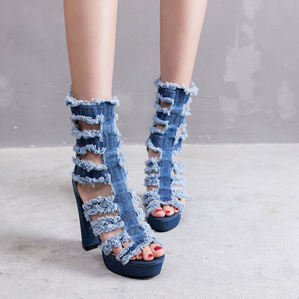 

fashion lady denim hollow sandals multi-function open toe high heels large size women's sandals 2019 zapatillas mujer, Black