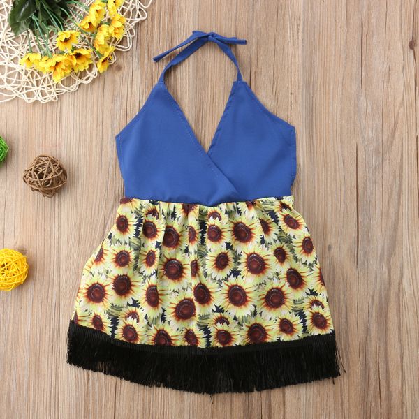 

highquality 2019 toddler kid baby girl party sunflower fringe dress sundress clothes set, Red;yellow