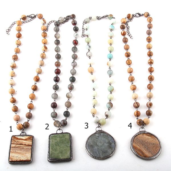 

fashion jewelry natural stone rosary chain stone pendant choker necklaces women ethnic necklace, Silver