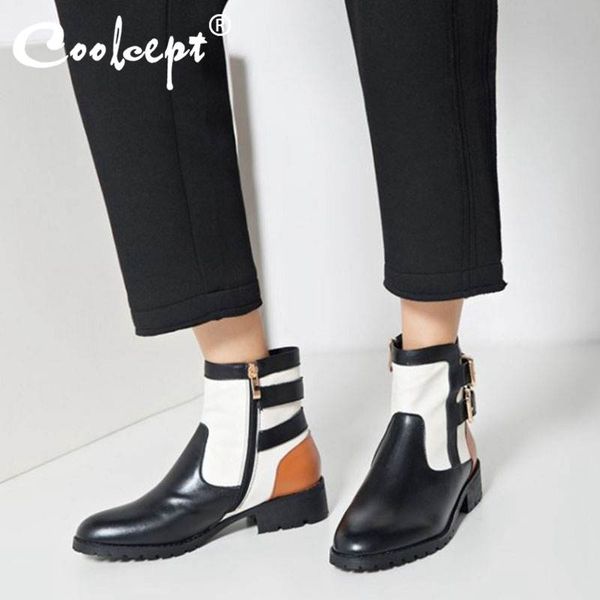 

coolcept new fashion office ladies real leather ankle boots flats buckle round toe retro shoes woman zipper botas size 34-42, Black