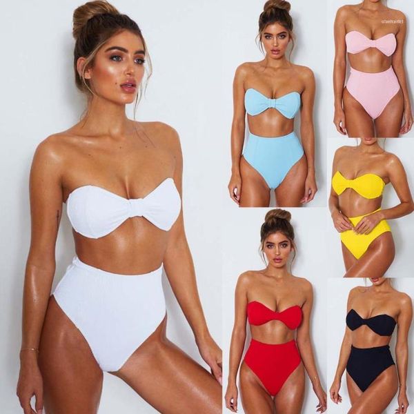 

high waist women tankinis solid bras strapless briefs 2pcs bikini sets bathing suits for swimwear clothing, White;black