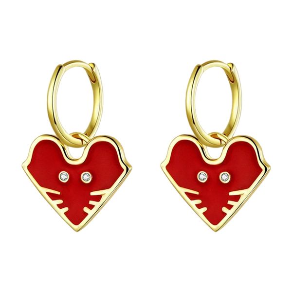 

year of the rat lucky mouse hoop earrings red enamel heart shaped gold earrings chinese style red drop oil silver lady, Golden;silver