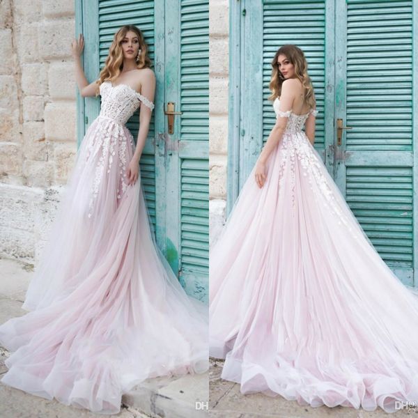 Naviblue 2020 Blush Pink Brautkleider, Spitzenapplikation, schulterfrei, Tüll-Brautkleider, Schnürrücken, Strandhochzeitskleid im Landhausstil