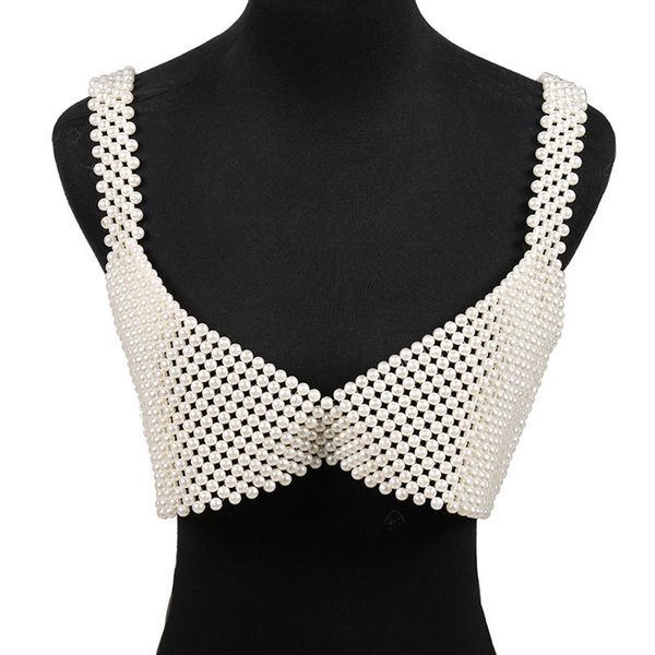 

mism ins fashion streetwear tank for women pearl outer wire vest handmade beading girls hollow out underwear, White