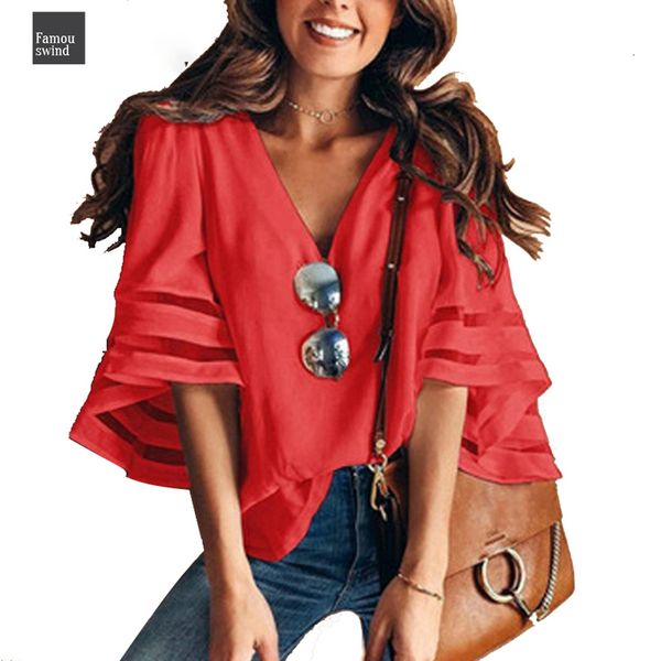 

flare рукавом сетки заплатки блузки топы sexy v шеи шифон блузы элегантный офис женщины дамы плюс размер blusa, White