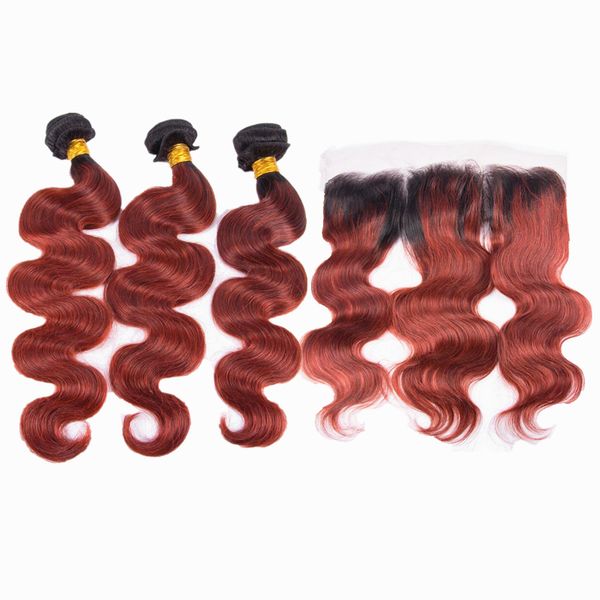 Two Tone Color 1b Orange Brown Human Hair Weft With Ear To Ear