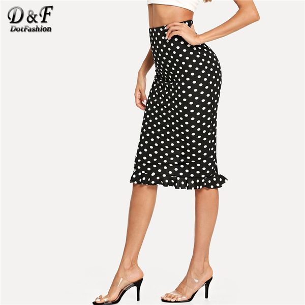 

dotfashion black and white slit back ruffle hem polka dot skirt womens 2019 autumn casual high waist sheath knee length skirt