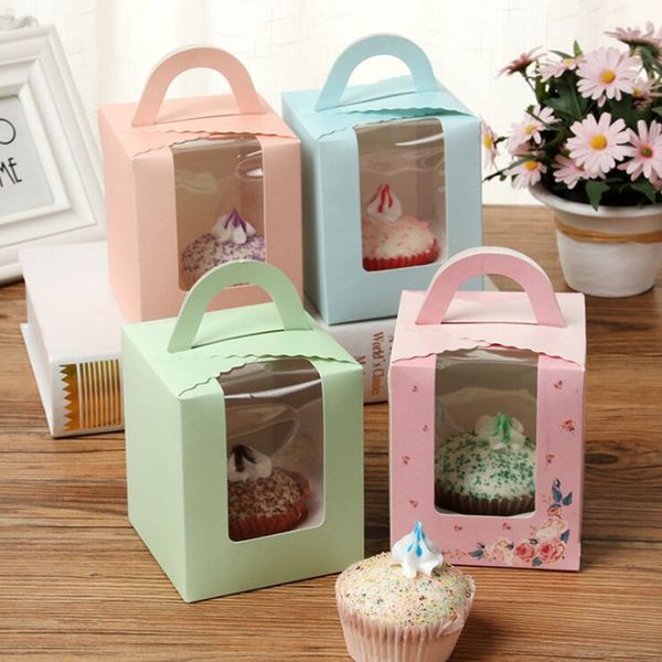 

11x9.5x9.5cm 30pcs new diy beautiful 3 colors cupcake boxes with handle wedding favors cake box and cupcakes packaging box