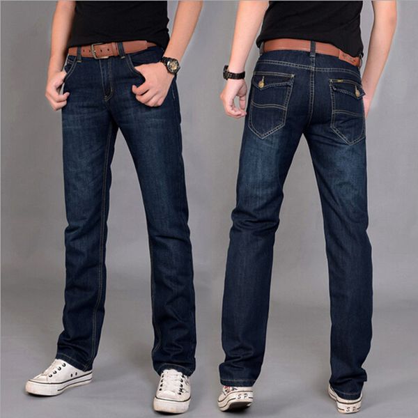 

2020 new designer korea men's jeans slim fit classic denim jeans trousers straight leg blue size 30~34 button wholesale 12