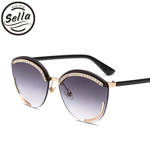 

sella fashion women new arrival oversized cateye sunglasses semi-rimless gradient lens crystal decoration ladies sun glasses, White;black