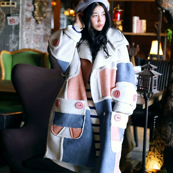 

mx]new arrival women casual loose plus velvet color block berber fleece suede thicken long oversized winter long coat, Black