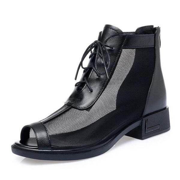 

2020 fish mouth cowhide mesh summer boots fashion sandals non-slip low heel comfort classic leather sandals women, Black