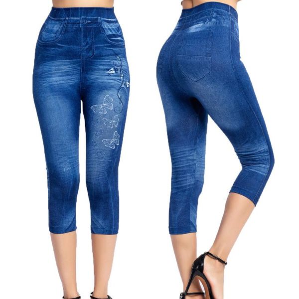 

butterfly printing imitation denim capri pants slim hip leggings, Black
