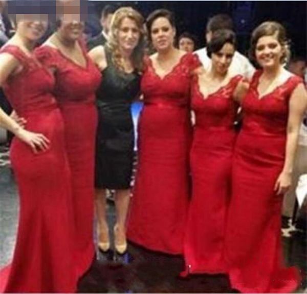 

2019 new fashion long red bridesmaid dresses v-neck lace satin floor length sheath evening gowns zipper back custom made honor, White;pink