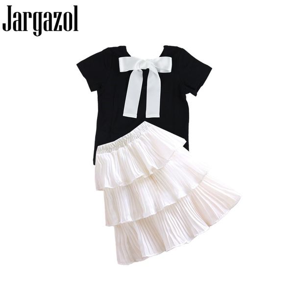 

jargazol summer kids clothes bow short sleeve shirt&cake skirt fashion little girls clothing set cute children princess outfits, White