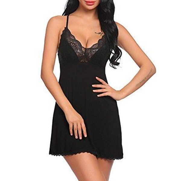 

lingerie sleepwear nightie women v neck sling nightgowns silk night dress sets lace nightwear gecelik night gown, Black;red